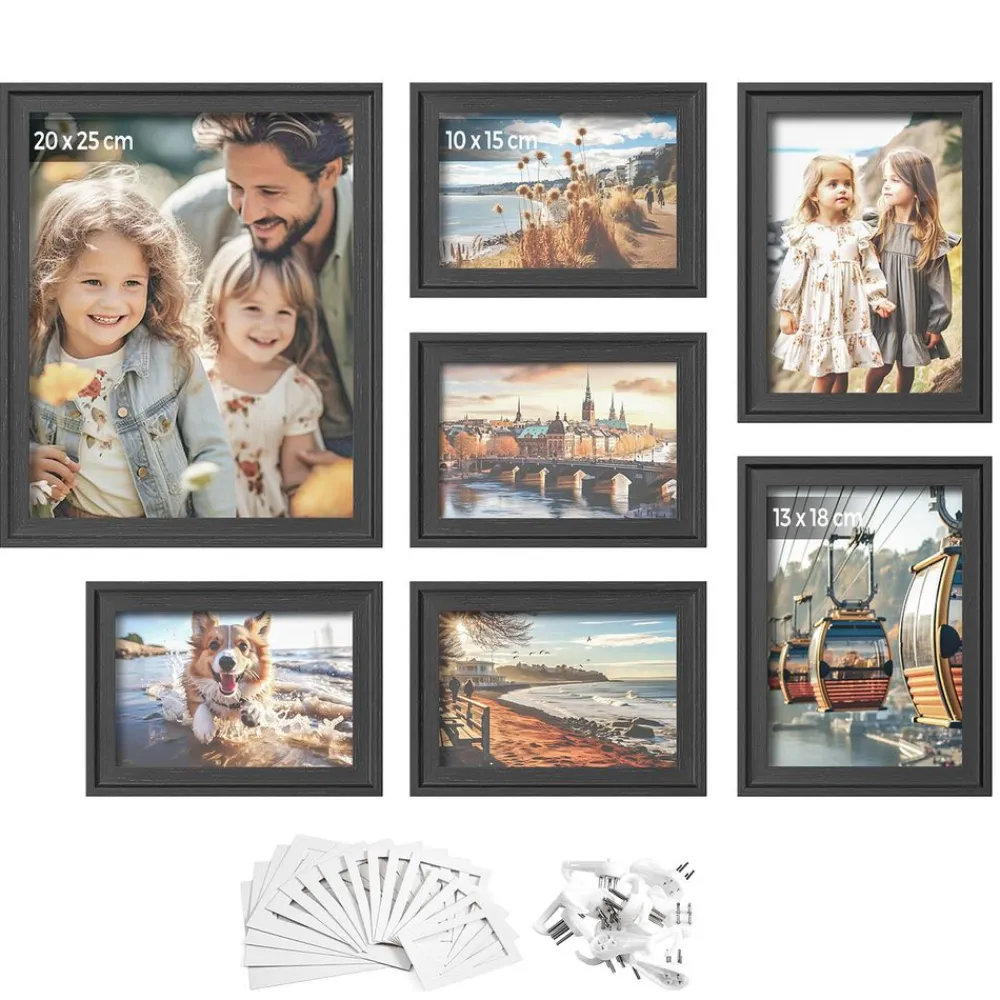 7 Cadres photo avec 16 passe-partout MDF et verre marron rustique-SONGMICS HOME Outlet