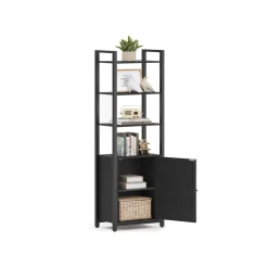 Bibliothèque verticale à 6 niveaux avec porte structure en métal 24 x 60 x 1595 cm noir boisé et noir d’encre-SONGMICS HOME Discount