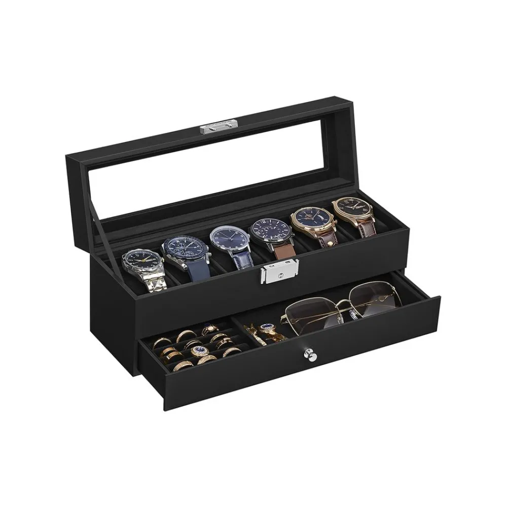 Boîte à montres avec couvercle en verre doublure noire-SONGMICS HOME Online