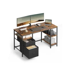 Bureau d’ordinateur 3 étagères 2 tiroirs marron rustique et noir-SONGMICS HOME Outlet