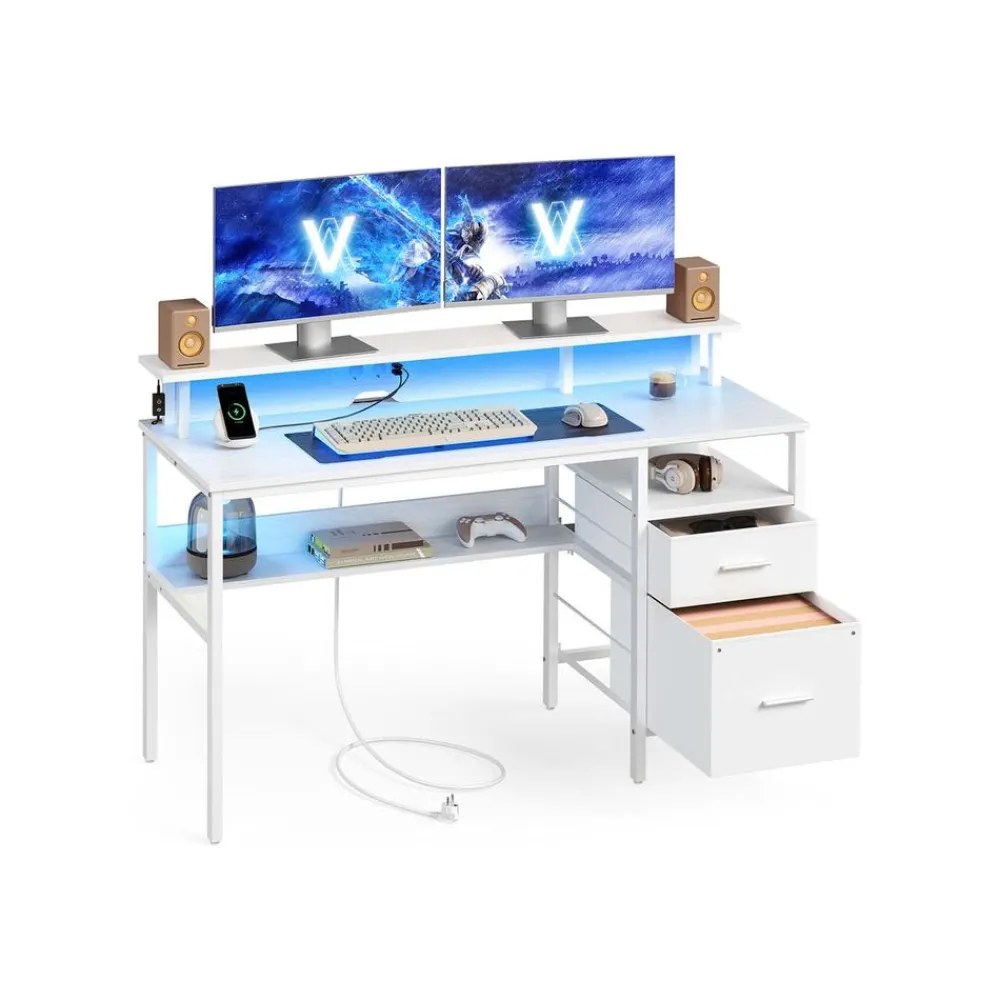 Bureau gaming avec lumières led et multiprise 2 tiroirs 2 ports usb noir boisé-SONGMICS HOME Clearance