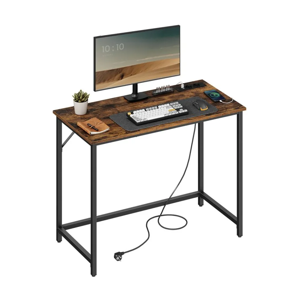 Bureau informatique avec multiprises LED marron rustique-SONGMICS HOME Discount