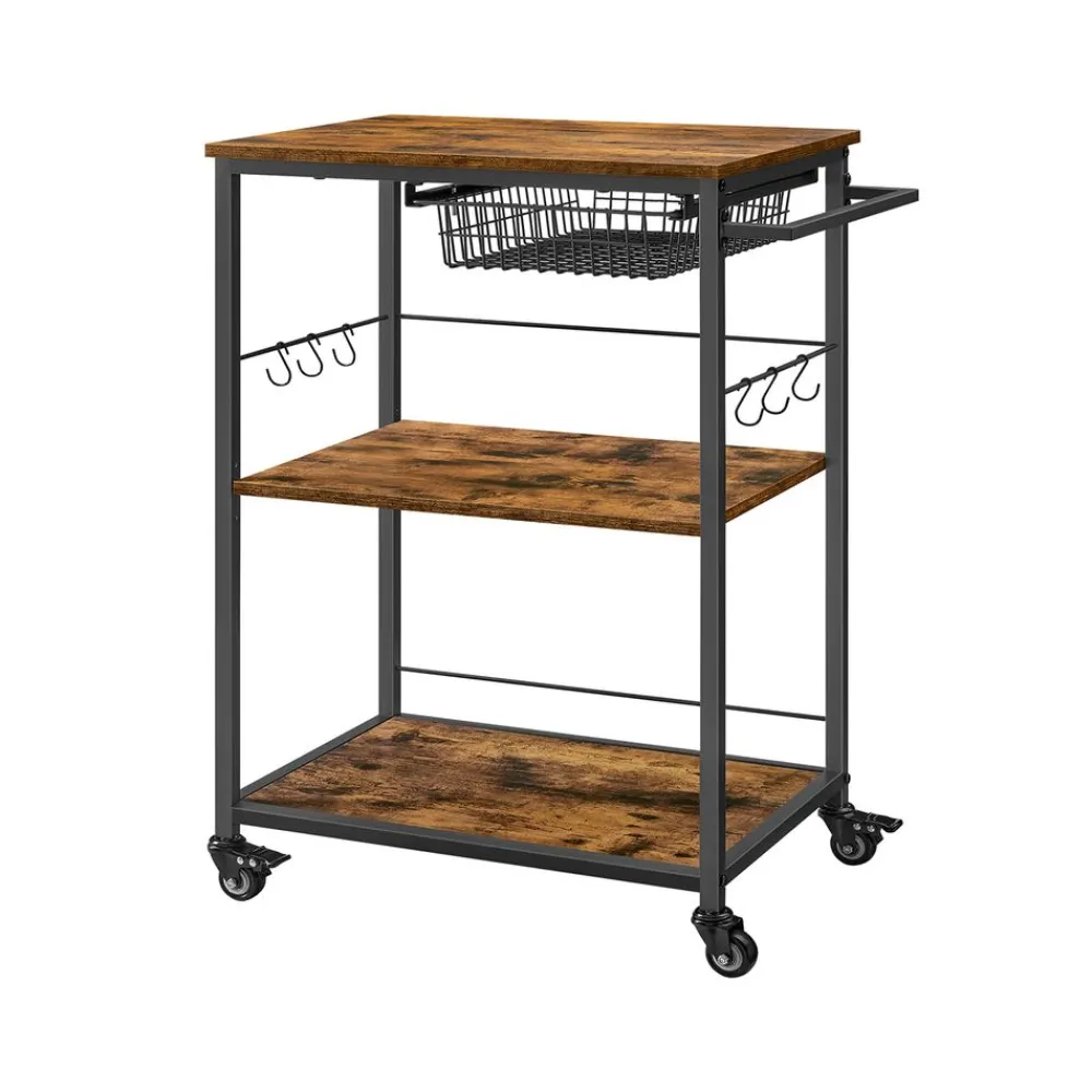 Chariot de cuisine 3 niveaux avec panier et crochets marron rustique-SONGMICS HOME Hot