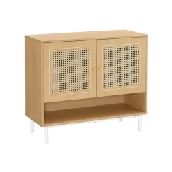 Meuble à chaussures rangement 3 niveaux avec portes aspect rotin étagère réglable en hauteur pieds en acier beige chêne-SONGMICS HOME Discount