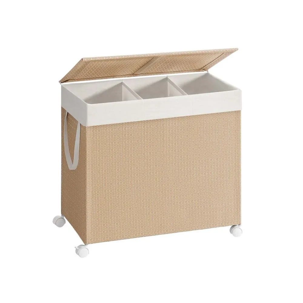 Panier à linge 2 compartiments 100 L avec roulettes couvercle poignées beige naturel et blanc mat-SONGMICS HOME Hot