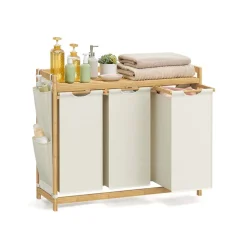 Panier à linge en bambou 3 x 50 L 94 x 33 x 78 cm blanc crème-SONGMICS HOME Best
