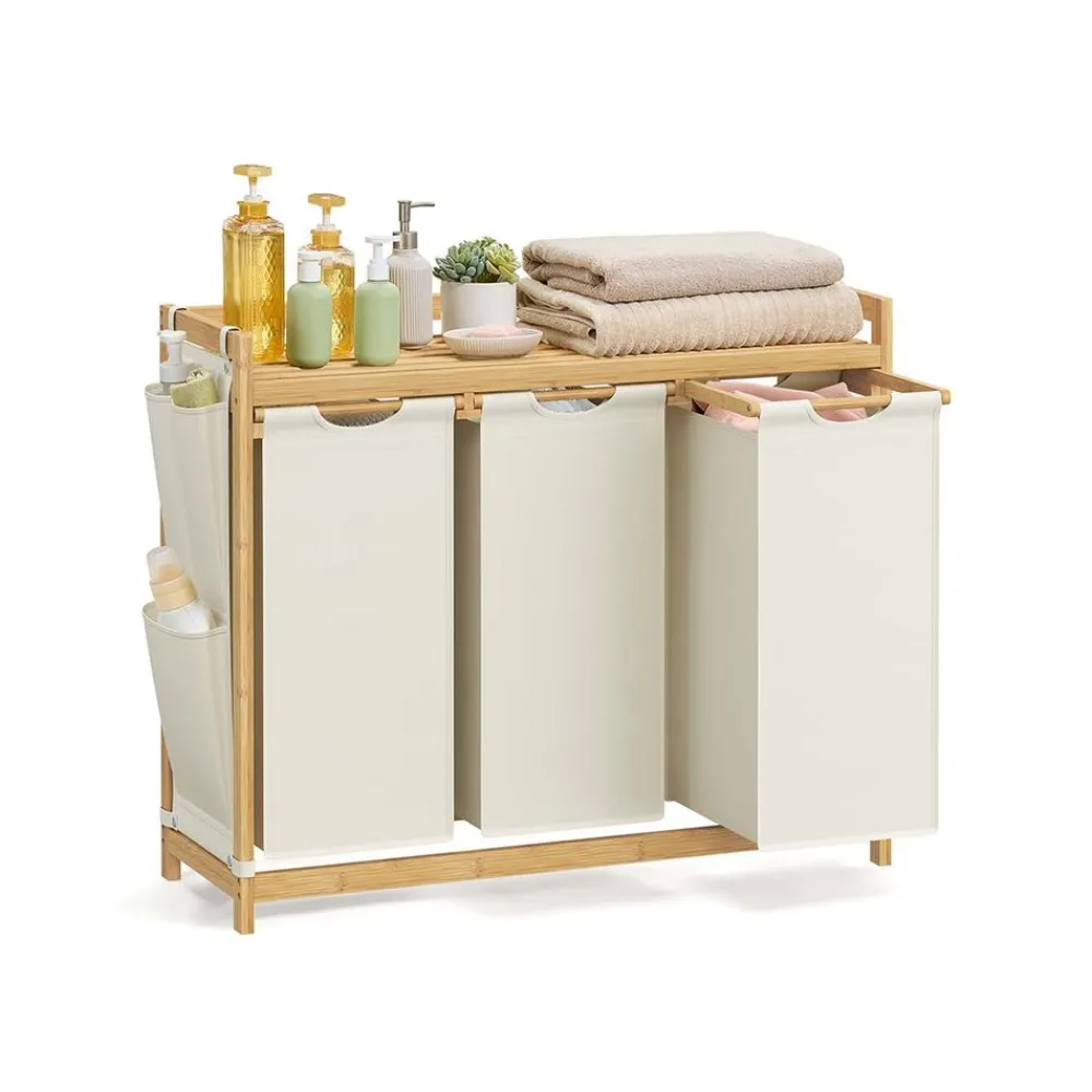 Panier à linge en bambou 3 x 50 L 94 x 33 x 78 cm blanc crème-SONGMICS HOME Best