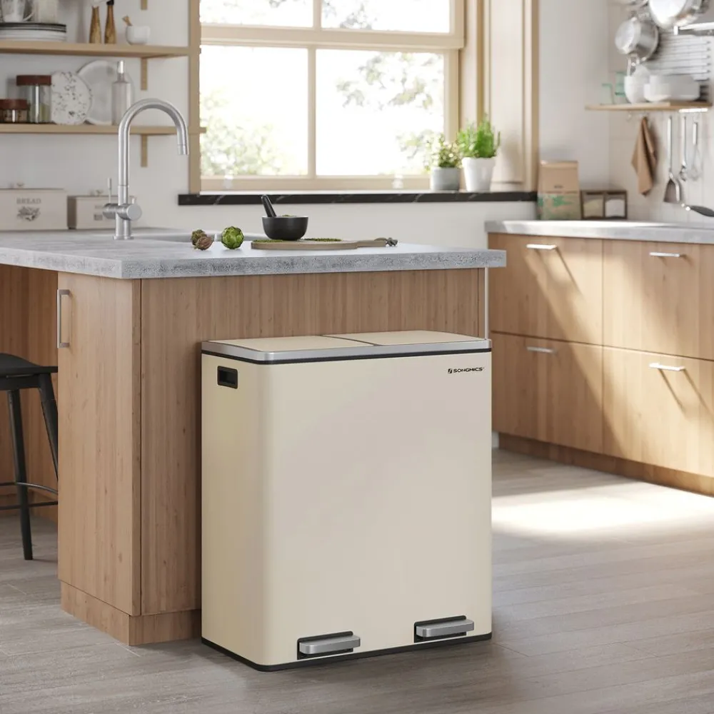 Poubelle 2 x 30L blanc cassé-SONGMICS HOME