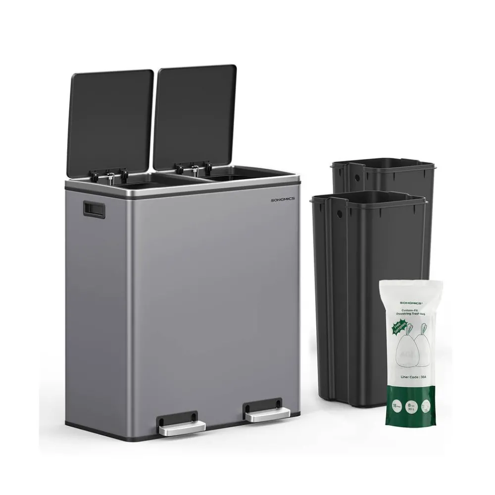 Poubelle 2 x 30L blanc cassé-SONGMICS HOME