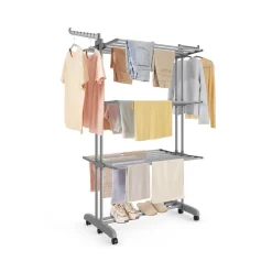 Étendoir à linge à 4 niveaux avec roulettes pliable 63,5 x 125,5 x 173 cm gris tourterelle-SONGMICS HOME Discount